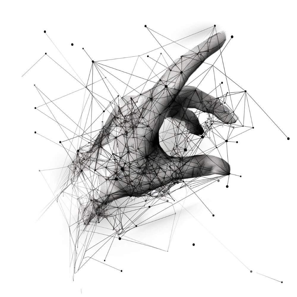 Black and white image of a hand with dots overlayed over the top